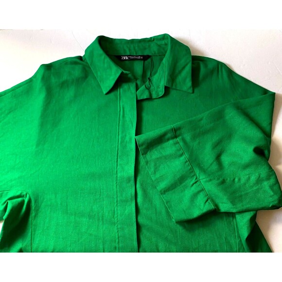Zara Linen Blend Shirt Women M Shamrock Green 3/4 Kimono Sleeve Button Down NWOT - Picture 4 of 16